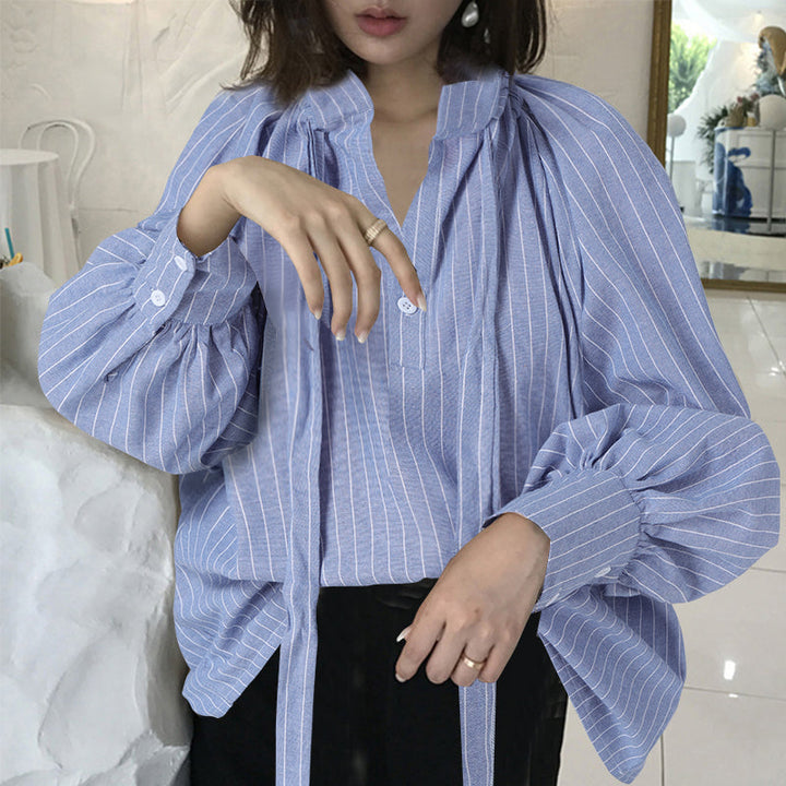 Women's Bow Stand Collar Blouse with Lantern Sleeves